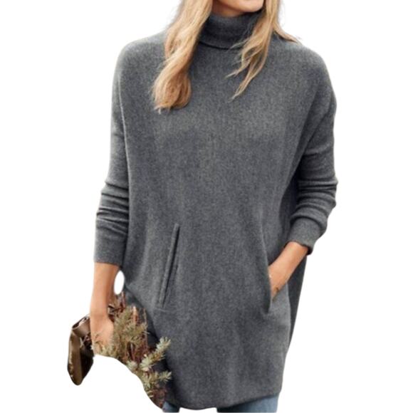 Women's Garnet Hill Cashmere Wool Blend Gray Turtleneck Medium Tunic Length - Picture 1 of 16